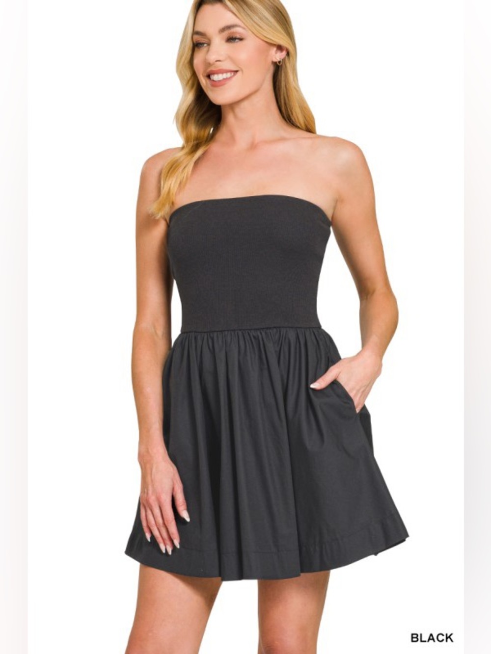 Zenana Strapless Knit & Woven Mini Dress with Pockets – Black